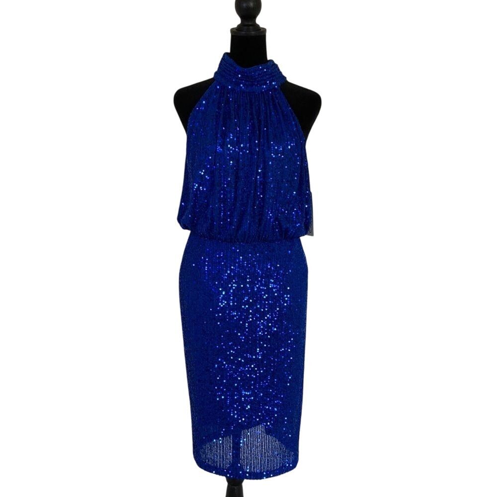 Eliza J Sequinned Dress Womens Small‎ Sleeveless High Neck Cocktail Cobalt